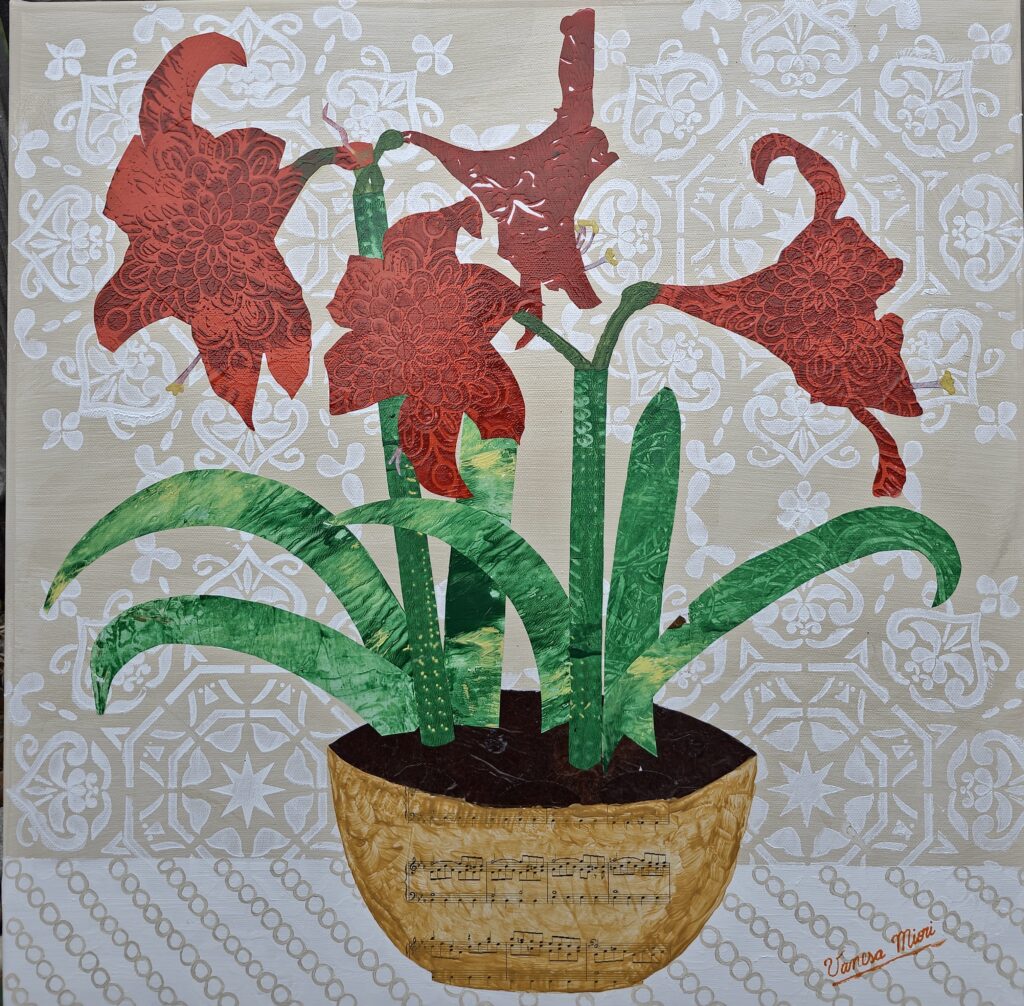 Hippeastrum Reginae Four Seasons series Winter painting with scarlet blooms