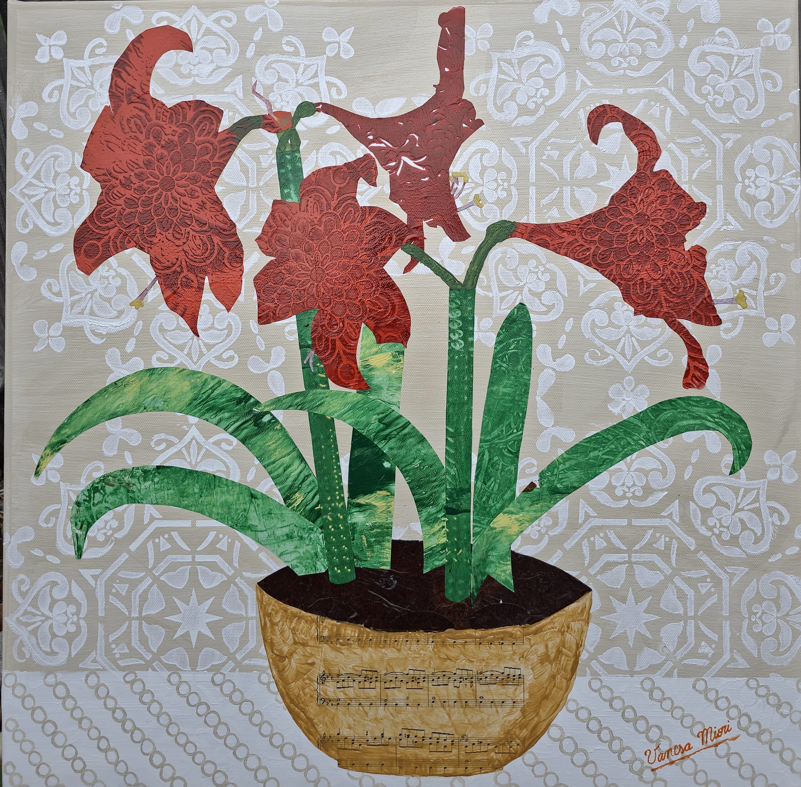 Hippeastrum Reginae Four Seasons series Winter painting with scarlet blooms